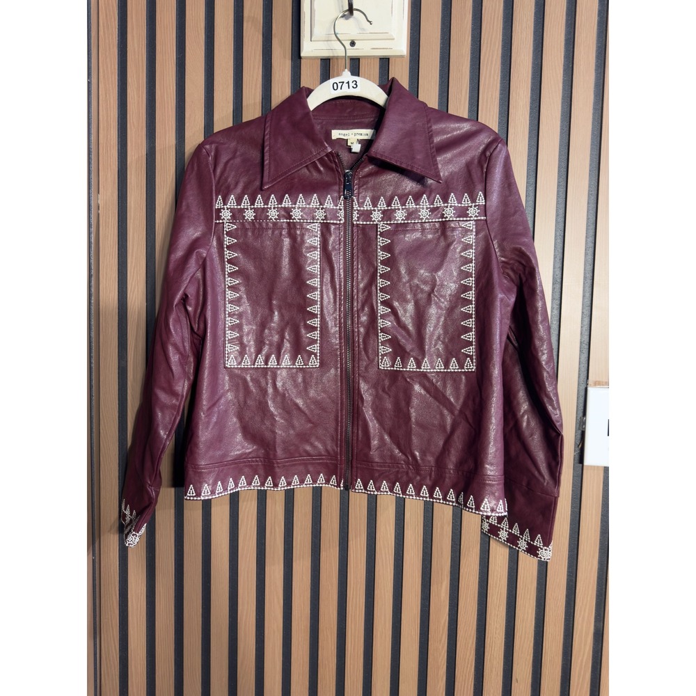 Angel +‎ Premium Faux Leather Embroidered Jacket Burgundy Size M
